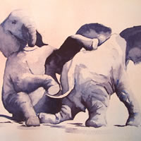 Baby Elephants Playing 1 – Watercolour Art by Woking Surrey Artist David Harmer
