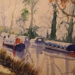 Barges and Boats on Wey Navigation Canal near Pyrford – Waterways & Surrey Art Gallery – Watercolour Painting – Art by Woking Surrey Artist David Harmer