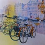 Bikes and Canals in Amsterdam – Europe Art Gallery – Painting by Woking Surrey Artist David Harmer