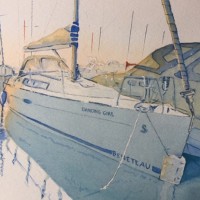 Boat Portrait in St.Katherine’s Dock – Britain Art Gallery – Painting by Woking Surrey Artist David Harmer