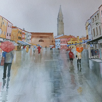Burano Venice in the Rain – Italy Art Gallery of Woking Surrey Artist David Harmer