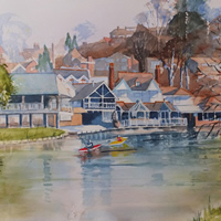 River Wey at Guildford – Canals and Surrey Art Gallery – Watercolour Painting – Art by Woking Surrey Artist David Harmer