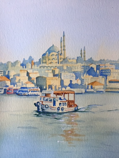 Ferry Crossing the Bosphorus, Istanbul - Europe Art Gallery - Painting by Woking Surrey Artist David Harmer