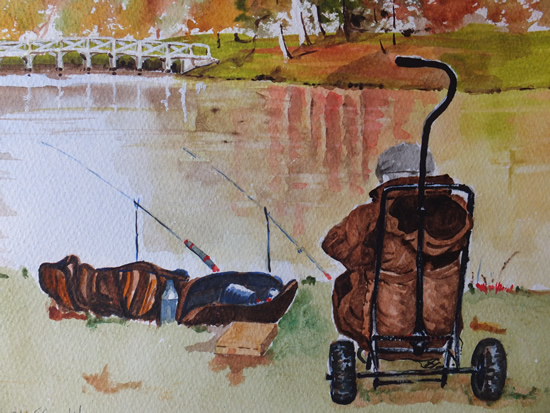 Angler Fishing at Painshill Park, Cobham - Surrey Art Gallery - Painting by Woking Surrey Artist David Harmer