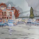 Houseboats by Hammersmith Bridge – London Art Gallery – Painting by Woking Surrey Artist David Harmer