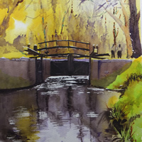 Lock Gates, Basingstoke Canal – Navigations Art Gallery – Watercolour Painting – Art by Woking Surrey Artist David Harmer