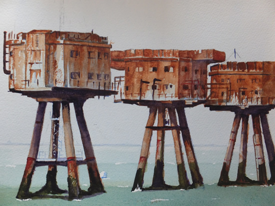 Maunsell Sea Forts in the Thames Estuary - Britain Art Gallery - Painting by Woking Surrey Artist David Harmer