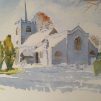 Pirbright Church in Winter – Surrey Scenes Art Gallery – Painting by Woking Surrey Artist David Harmer