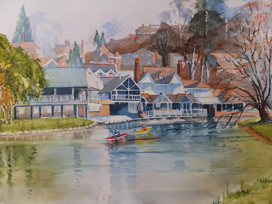 River Wey at Guildford - Canals and Surrey Art Gallery - Watercolour Painting - Art by Woking Surrey Artist David Harmer