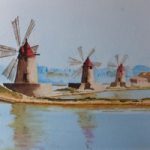 Salt Mills at Trapani, Sicily – Europe Art Gallery – Painting by Woking Surrey Artist David Harmer