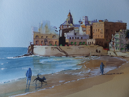 Sitges Beach, near Barcelona - Europe Art Gallery - Painting by Woking Surrey Artist David Harmer
