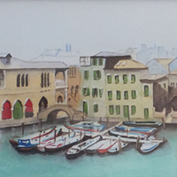 Venice –  Old Fish Market – Italy Art Gallery – Painting by Woking Surrey Artist David Harmer
