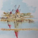 Vignette of Salt Mills near Marsala in Sicily – Europe Art Gallery – Painting by Woking Surrey Artist David Harmer