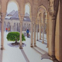 Walking Round the Alhambra Palace – Europe Art Gallery – Painting by Woking Surrey Artist David Harmer
