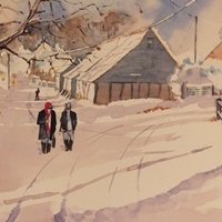 Wanborough Barn near Farnham in Snow – Winter Art Gallery – Watercolour Painting – Art by Woking Surrey Artist David Harmer
