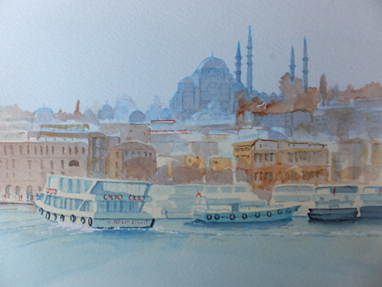 Istanbul Waterfront - Watercolour Painting by Woking Surrey Artist David Harmer