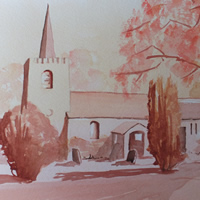 Pirbright Church in Early Morning Light – Watercolour Painting by Woking Surrey Artist David Harmer