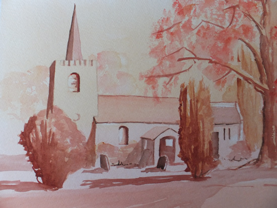 Pirbright Church in Early Morning Light - Watercolour Painting by Woking Surrey Artist David Harmer