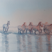 Sunset Horses in the Wetlands – Watercolour Painting by Woking Surrey Artist David Harmer