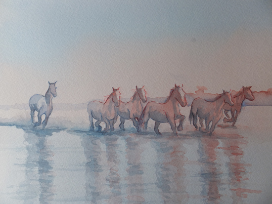 Sunset Horses in the Wetlands - Watercolour Painting by Woking Surrey Artist David Harmer