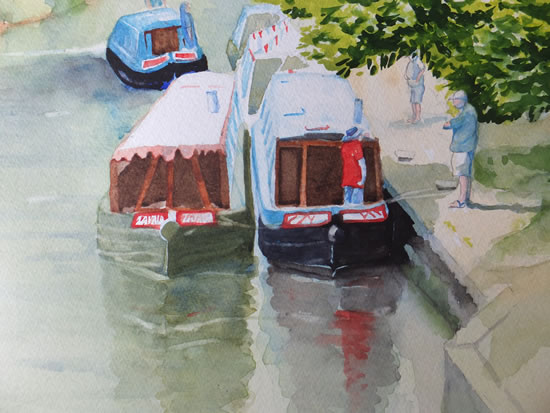 Art - Barges Gathering on Basingstoke Canal at St Johns Woking - Watercolour Painting