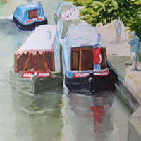 Art – Barges Gathering on Basingstoke Canal at St Johns Woking – Watercolour Painting