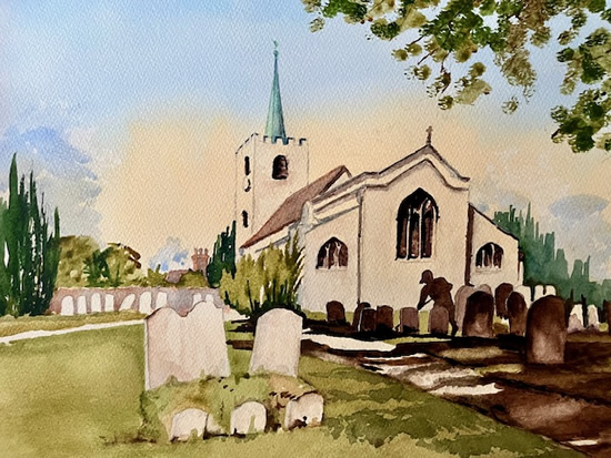 Pirbright Church Watercolour Painting - Surrey Art Gallery