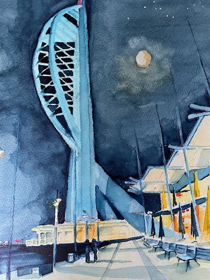 Spinnaker Tower At Night Watercolour Painting - Hampshire Art Gallery